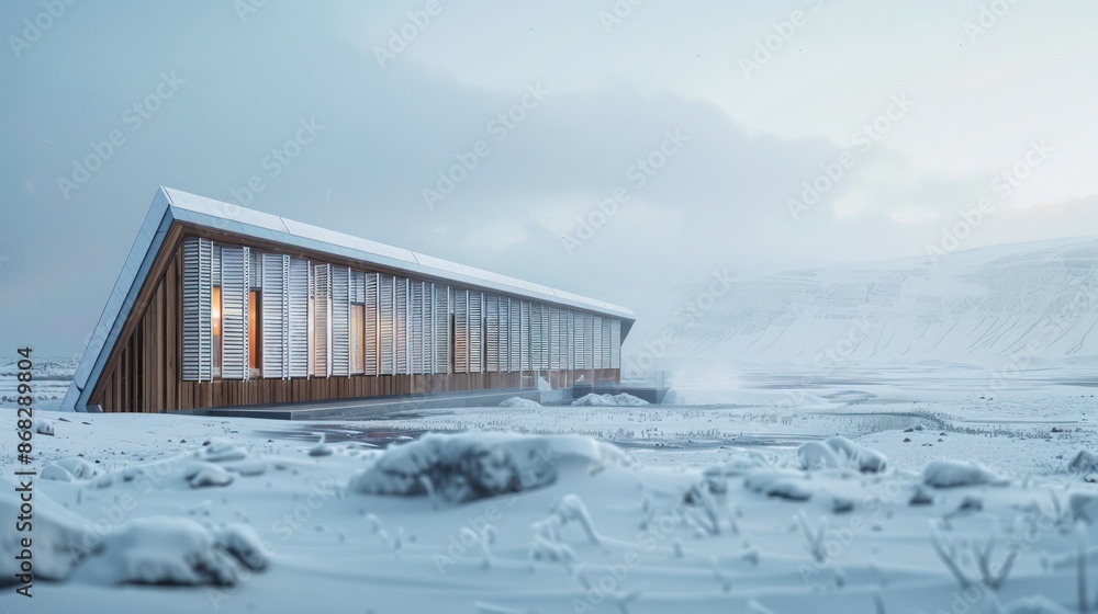 Arctic research station with specialized Bahama shutters designed for extreme cold, combining functionality with a touch of style Arctic research station with specialized Bahama shutters designed for extreme cold, combining functionality with a touch of style