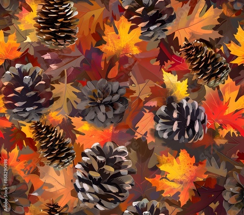 Vivid Autumn Foliage Pattern  Digital Painting Style photo