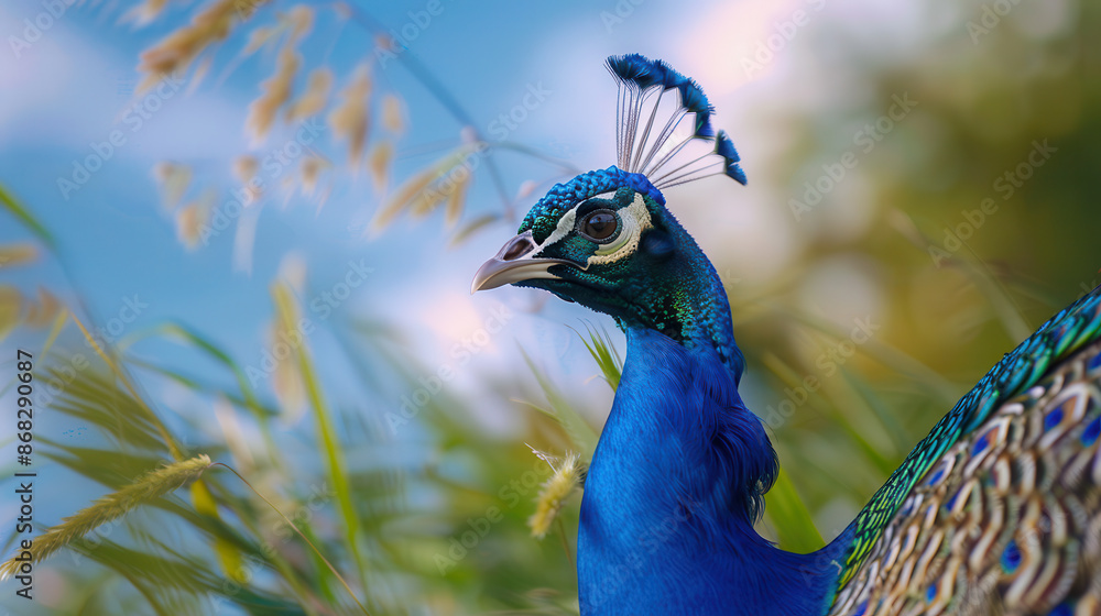 A close-up of a beautiful peacock walking through the gardens A close-up of a beautiful peacock walking through the gardens