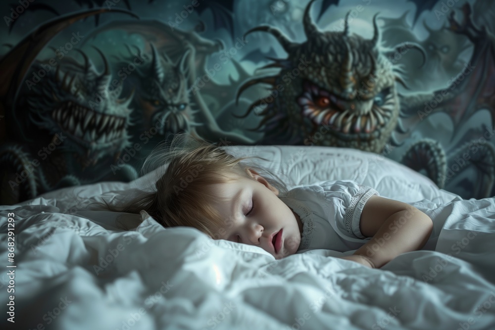 Calm baby contrasts dark monstrous dragons fantasy. Quiet infant contrasts strongly eerie fantasy dragons. Surreal juxtaposition of calm and terror. Infant rests white blanket unaware of dragons. Calm baby contrasts dark monstrous dragons fantasy. Quiet infant contrasts strongly eerie fantasy dragons. Surreal juxtaposition of calm and terror. Infant rests white blanket unaware of dragons.
