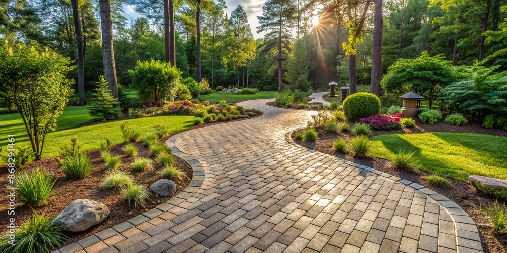 custom made wallpaper toronto digitalA serene empty landscape of a woman's unfinished DIY project, newly laid paver stones forming a pathway or driveway, surrounded by lush greenery and natural tones.