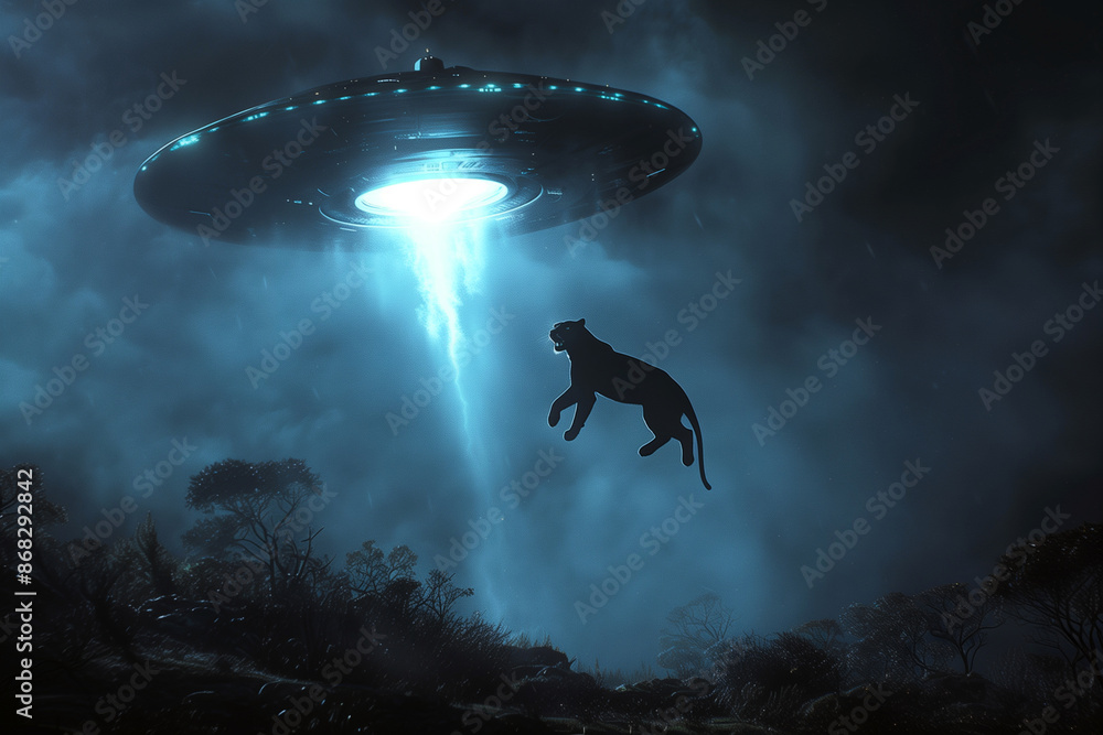 Fototapeta premium A sleek panther being sucked into a colossal UFO