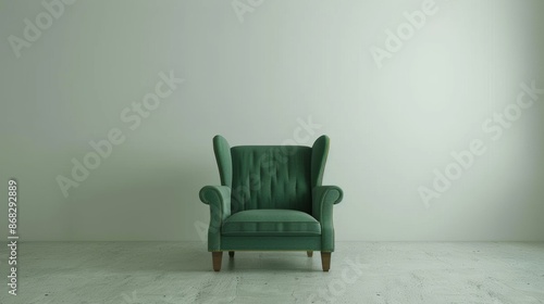 Minimalist green armchair in a white room