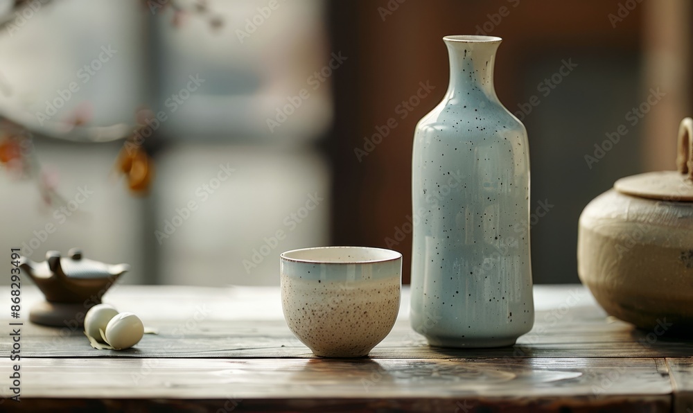traditional japanese rice wine bottle and cup on a table with delicate ceramic texture and subtle glaze in a light blue color tone traditional japanese rice wine bottle and cup on a table with delicate ceramic texture and subtle glaze in a light blue color tone