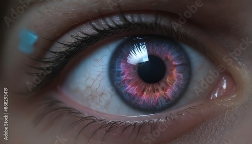Electric allure: Human eye with intricate purple and turquoise patterns  © Asmodai