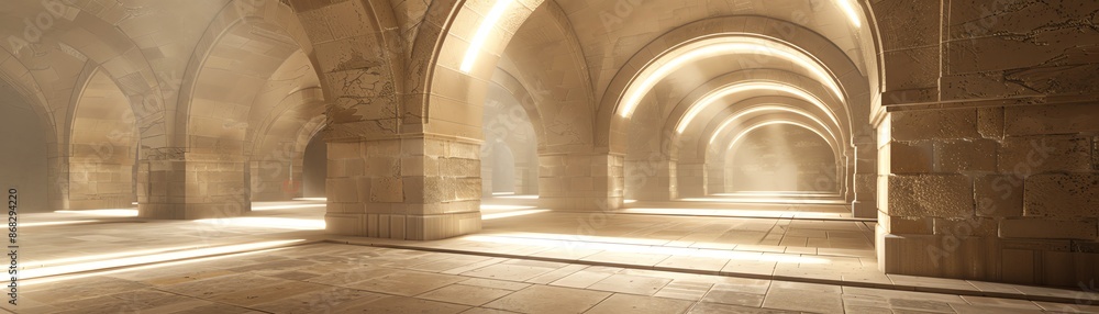 Fusion Romanesque corporate interior with stone walls and modern lighting Fusion Romanesque corporate interior with stone walls and modern lighting