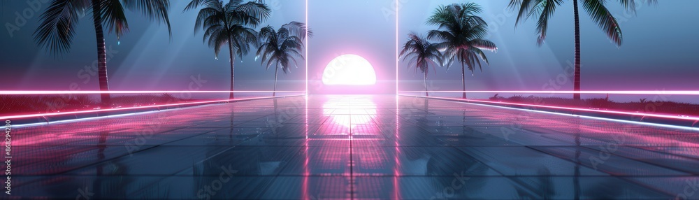 Naklejka premium A neon sign with a red sun in the middle of a beach scene