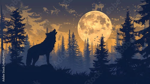 A wolf howls at the full moon in a forest, surrounded by tall trees, under a dark, starry sky.