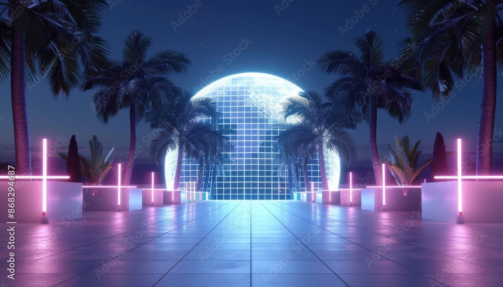 Naklejka premium A neon sign with a globe in the middle of a walkway with palm trees