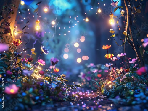 Whimsical art of enchanted forest, colorful celebrations, playful moments, joyful connections, magical experiences, 3D render