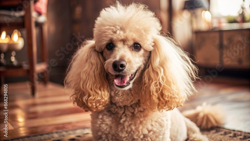 Cute cream poodle sitting on floor at home. Adorable happy pet. Cute poodle puppy