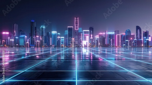A cityscape with neon lights and a reflection of the city in a body of water