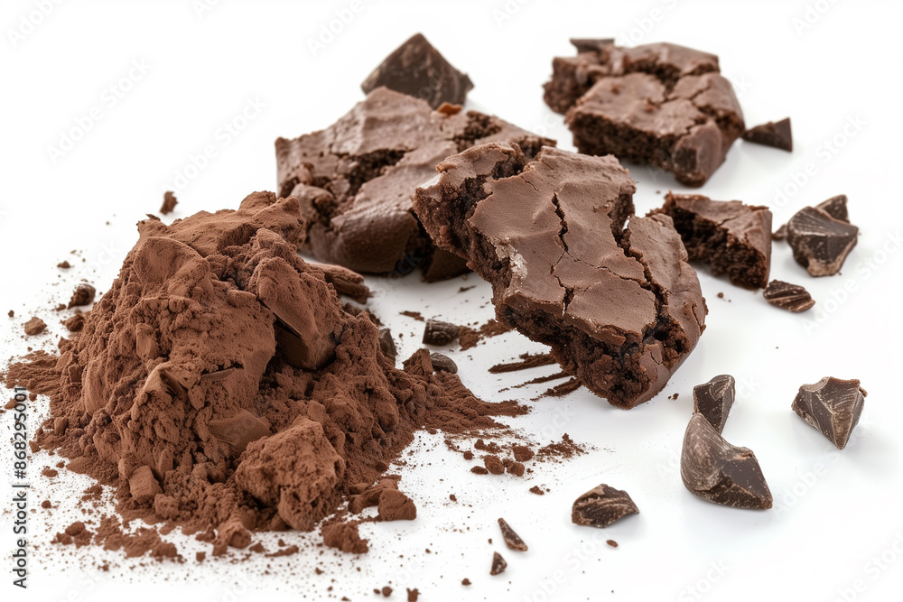 Crumbled cocoa brownie with chocolate pieces isolated on white background Crumbled cocoa brownie with chocolate pieces isolated on white background