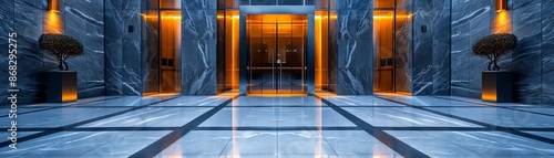 Modern corporate lobby with Brutalistinspired structural elements and contemporary lighting photo