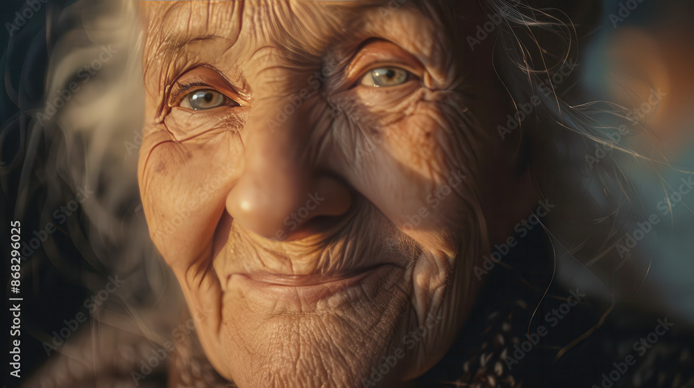 Portrait of an elderly woman with a smile, wrinkles on her face, warm light illuminating her skin Portrait of an elderly woman with a smile, wrinkles on her face, warm light illuminating her skin