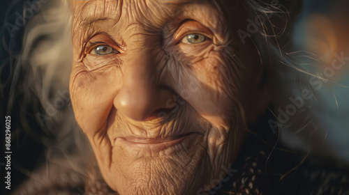 Portrait of an elderly woman with a smile, wrinkles on her face, warm light illuminating her skin © Malgorzata