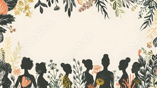 Intricate Doodle Page Border Design for Womens History Month with Botanical Female Figures and Typography photo