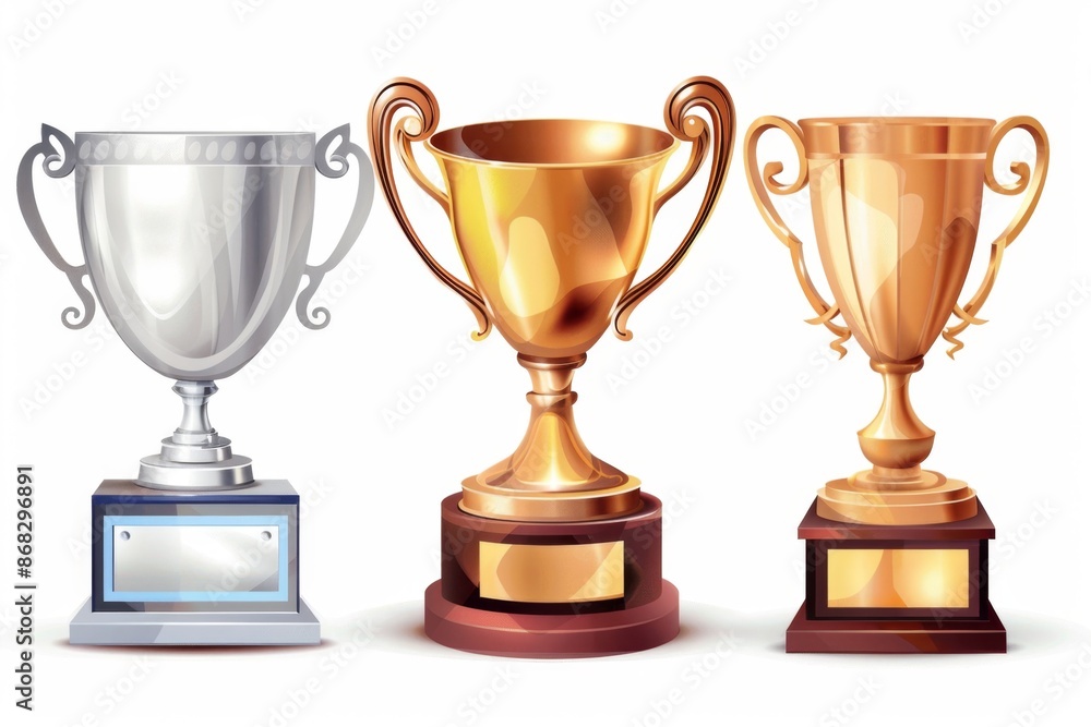 Trophy cups, golden goblet, silver reward, champion bowls. Contest winner award collection, prize cup Trophy cups, golden goblet, silver reward, champion bowls. Contest winner award collection, prize cup