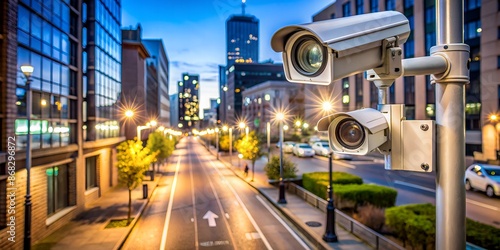 Modern outdoor security cameras with night vision and motion detection installed on a city streetlight, monitoring the deserted alleyway with precision and vigilance. photo