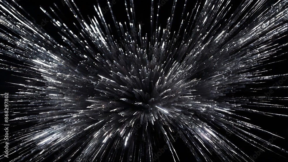 Naklejka premium Bright explosion of silver and white lights with dark black background, abstract background wallpaper design