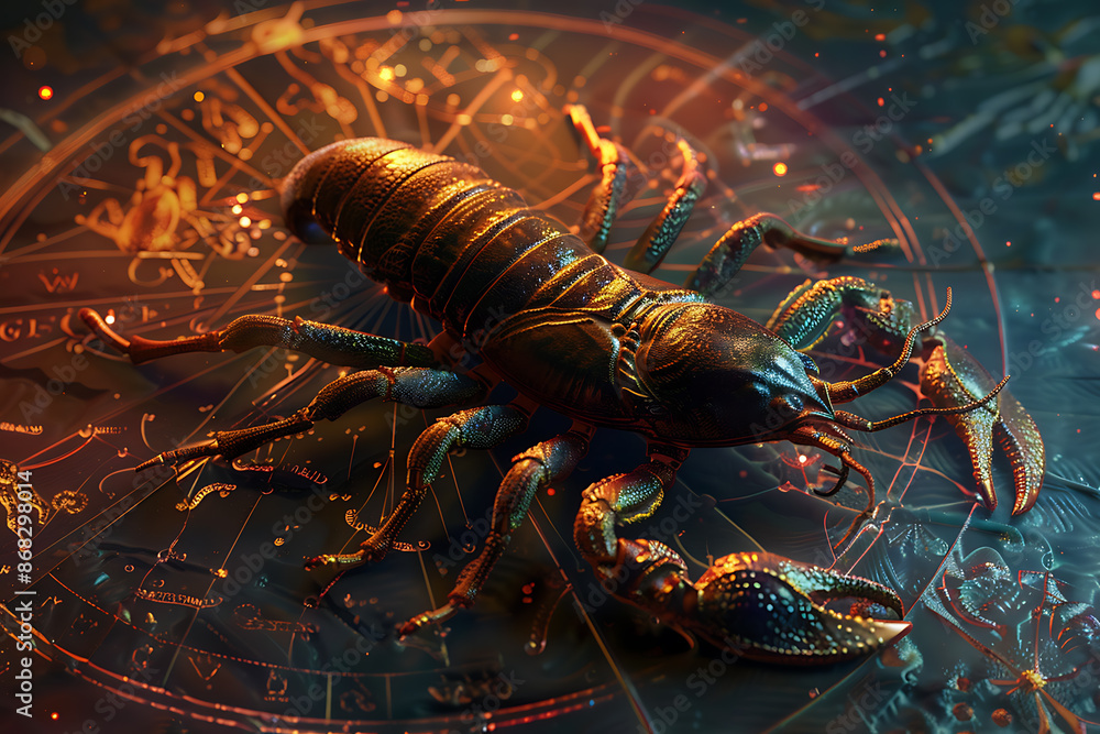 Intricate image of Scorpio zodiac sign, highlighting its mystic symbols and astrological significance in vibrant colors. Intricate image of Scorpio zodiac sign, highlighting its mystic symbols and astrological significance in vibrant colors.