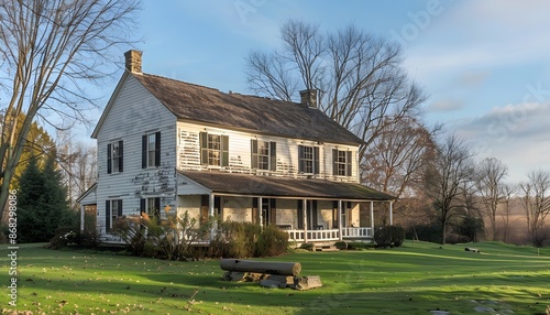 Old White Farmhouse With Porch on Green Grass