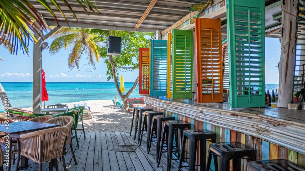 Fototapeta premium beach bar with vibrant Bahama shutters, adding a playful and inviting element to the seaside ambiance