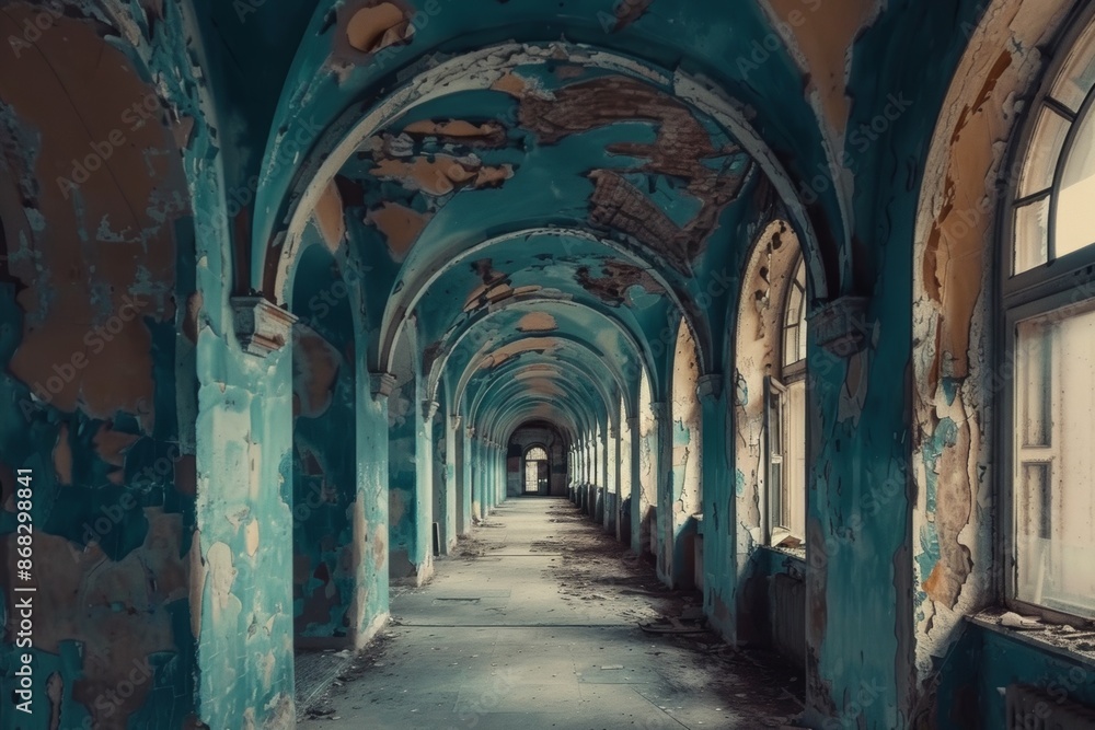 Obraz premium Decay and desolation in an abandoned building hallway