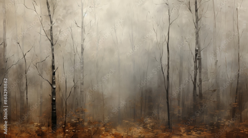 Eerie foggy forest with bare trees and autumn leaves, creating a mysterious and atmospheric woodland scene. Eerie foggy forest with bare trees and autumn leaves, creating a mysterious and atmospheric woodland scene.