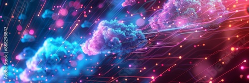 Cloud Computing, an abstract geometric background with holographic effects and cloud patterns, illustrating data synchronization