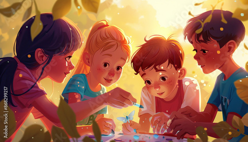 Gen Alpha are the young explorers, eager to discover and learn: Illustrate a group of Gen Alpha children engaged in hands-on exploration and discovery, symbolizing their curiosity and thirst for knowl