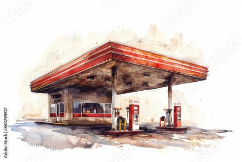 A watercolor painting of a classic gas station with red accents. Children's Book Illustration