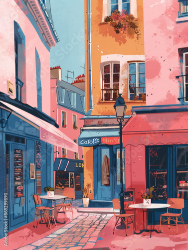 europe town architecture and street, and a coffee shop. simple yet minimal kawaii drawing, oil painting