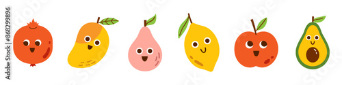 Vector set of cute funny smiling fruits. Summer fruits with faces. Collection of pomegranate, mango, pear, lemon, apple, avocado characters. Kawaii food.