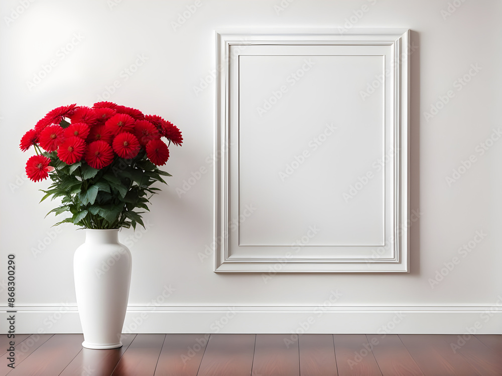 White wall background, brown parquet floor, home furniture detail, vase of red flower plant and empty photo frame White wall background, brown parquet floor, home furniture detail, vase of red flower plant and empty photo frame