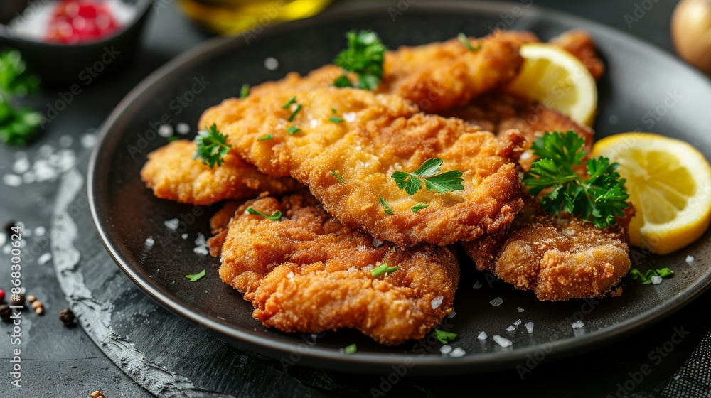 Wiener Schnitzel : A close-up shot of a perfectly breaded and crispy Wiener Schnitzel. Wiener Schnitzel : A close-up shot of a perfectly breaded and crispy Wiener Schnitzel.