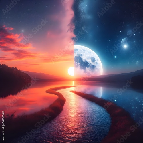 Wallpaper Mural Serene landscape Moon at night Sun at day Moonrise Milky Way over the river Torontodigital.ca