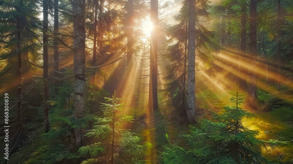 Naklejka premium Sun rays in the spruce forest. The sun shining through the trees in a mountain forest. The beauty of nature.