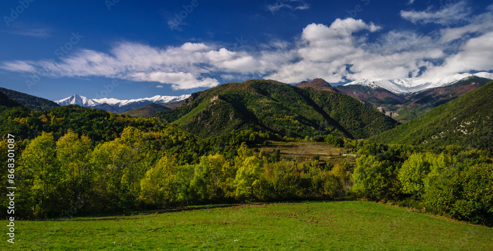 Obraz premium Canigó snowy massif and Vallespir region in autumn (Pyrenees-Orientales, France)