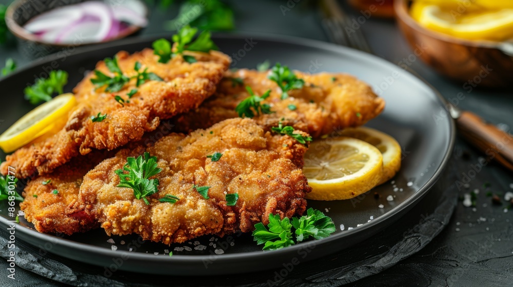 Wiener Schnitzel : A close-up shot of a perfectly breaded and crispy Wiener Schnitzel. Wiener Schnitzel : A close-up shot of a perfectly breaded and crispy Wiener Schnitzel.