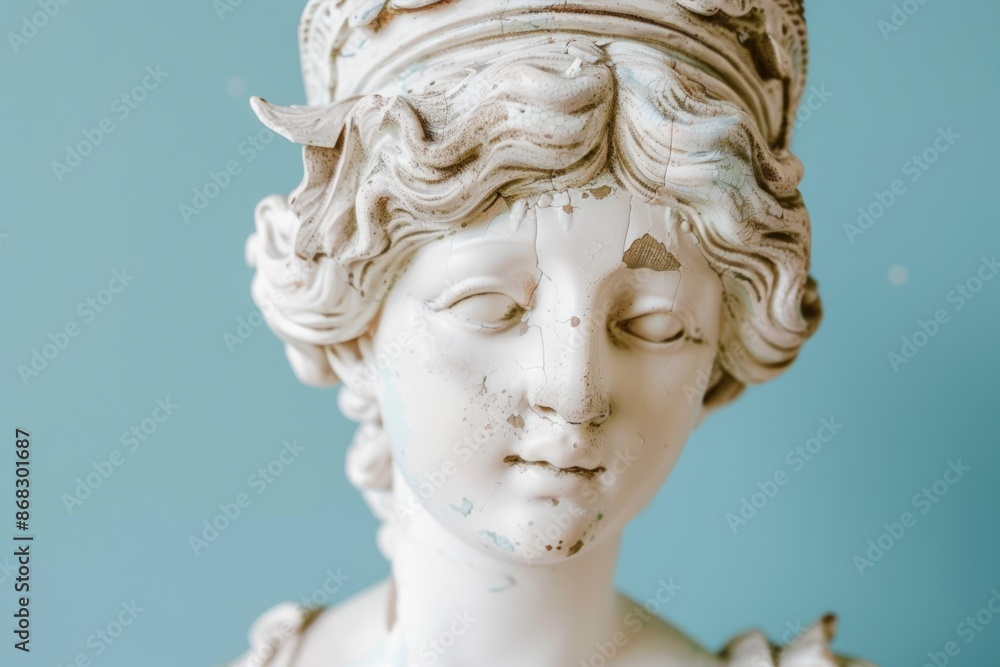 Classic white marble statue with chipped details and serene expression Classic white marble statue with chipped details and serene expression
