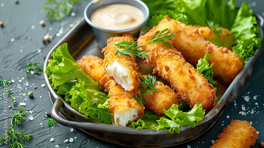 crispy fish sticks with dipping sauce, rustic metal tray and blue-gray background crispy fish sticks with dipping sauce, rustic metal tray and blue-gray background
