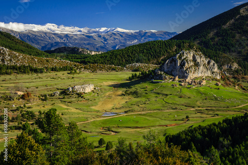 Meadows around the abandoned village of Peguera in autumn (Berguedà, Catalonia, Spain, Pyrenees)