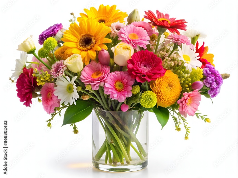 Fototapeta premium Beautiful arrangement of fresh colorful flowers in a delicate glass cup on a pure white background, perfect for romantic and elegant designs.