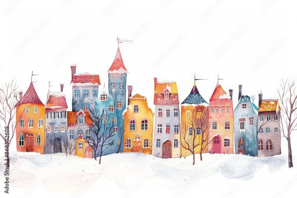 A watercolor illustration depicting a charming winter town with colorful houses covered in snow. Children's Book Illustration A watercolor illustration depicting a charming winter town with colorful houses covered in snow. Children's Book Illustration