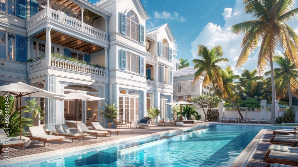 Fototapeta premium boutique hotel with ornamental Bahama shutters, combining the local cultural aesthetics with modern luxury