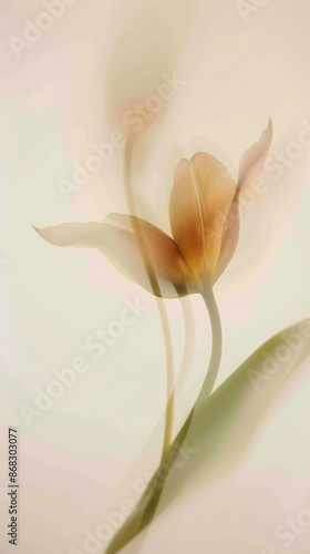 muted blurry tulip with leaf, light gold lens, artistic flower wallpaper