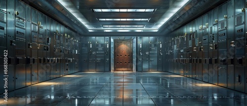 Room filled with safe deposit boxes in a bank vault, Bank Vault Door, high-security financial storage photo