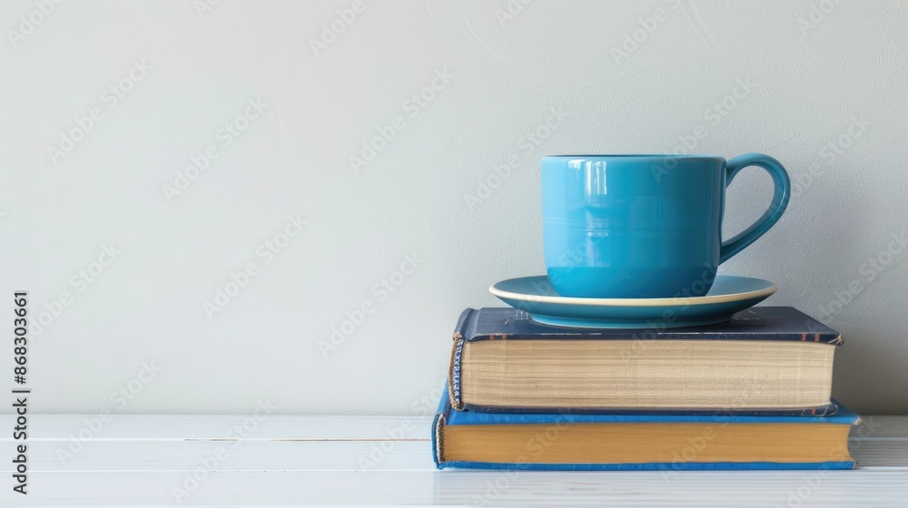 A book with blue cup and books stack on white table with room for text A book with blue cup and books stack on white table with room for text