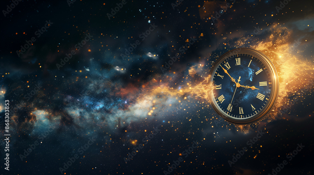 A Cosmic Journey, The Passage of Time with a Clock in Space, Time in the Cosmos, A Clock Floating Through the Universe, Eternal Ticks, A Clock in the Vastness of Space Illustrating the Passage of Time A Cosmic Journey, The Passage of Time with a Clock in Space, Time in the Cosmos, A Clock Floating Through the Universe, Eternal Ticks, A Clock in the Vastness of Space Illustrating the Passage of Time